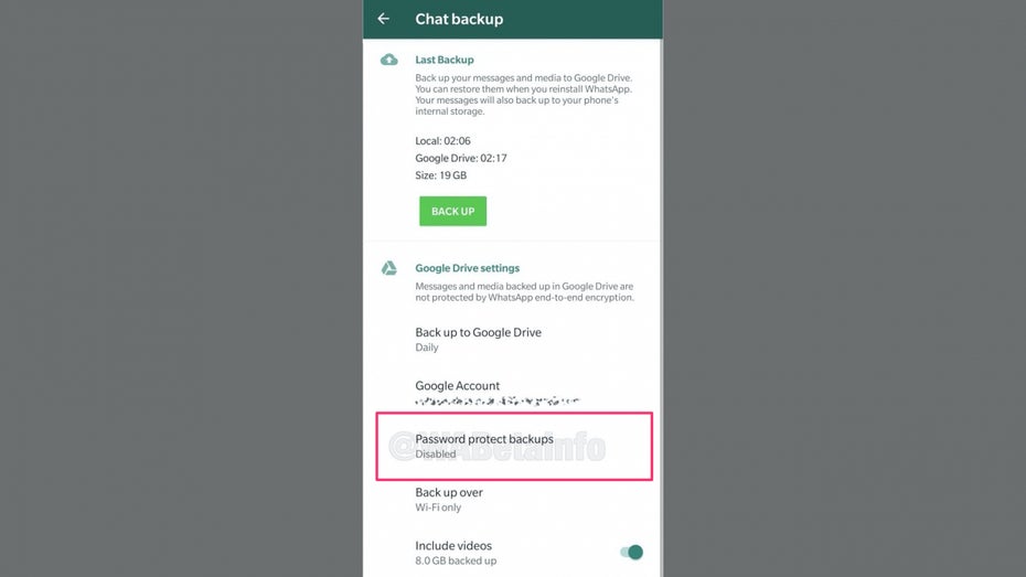 Neues Whatsapp-Feature „Password Protect Backups“. (Screenshot: WABetaInfo)