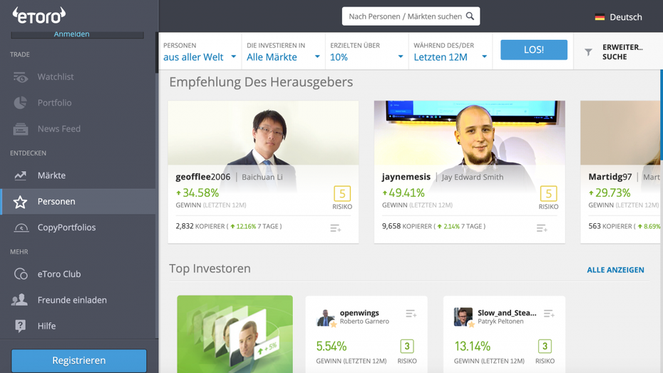 Etoro ist der wohl am meisten genutzte Social-Trading-Anbieter. (Screenshot: t3n)