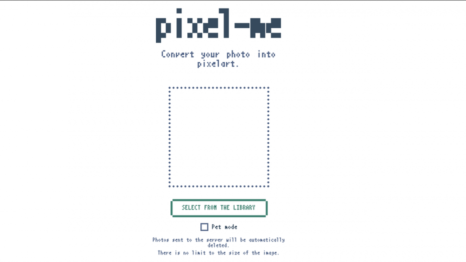 Das Interface von Pixel-me ist schlicht. Bilder lassen sich nur von eurer Festplatte hochladen, der „Pet Mode“ kann zu besseren Ergebnissen führen. (Bild: t3n)