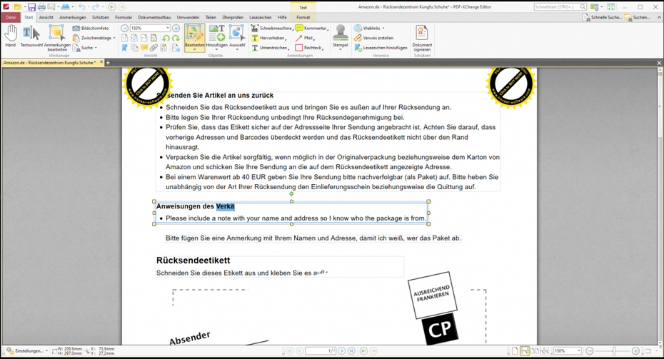 Beispiel-PDF im PDF XChange Editor
