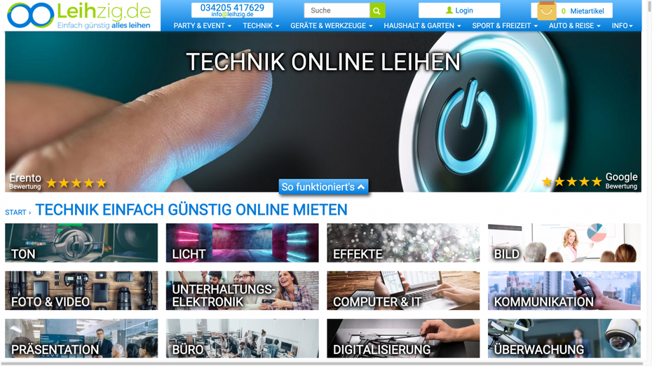 Leihzig.de Webseite Rubrik online Technik mieten