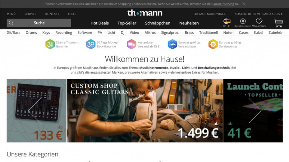 Bester Onlinehändler Deutschlands: Thomann vor QVC und Amazon. (Screenshot: Thomann.de) Die besten deutschen Onlinehändler: Amazon landet hinter Musikhaus Thomann