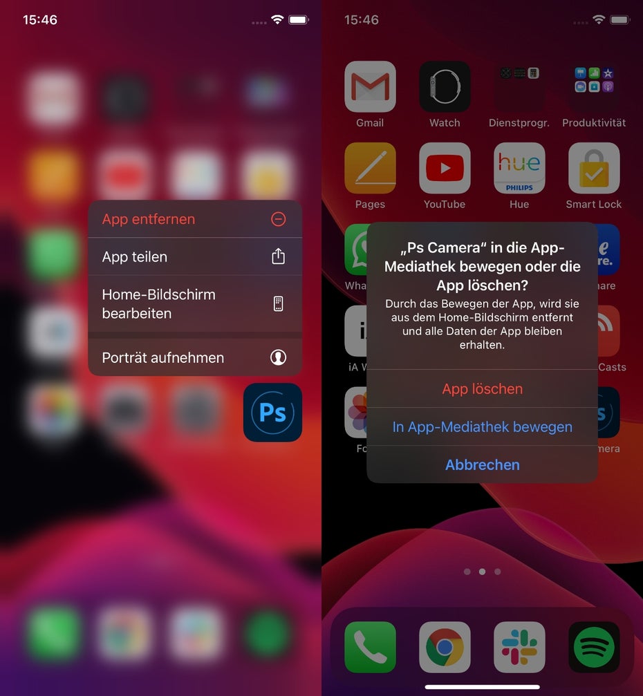 Nicht löschen: Apps lassen sich vom Homescreen in die App-Mediathek bewegen. (Screenshot: t3n)