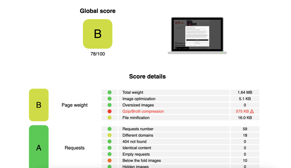 Ein Screenshot zeigt ein Ergebnis beim Desktop-Test mit dem Tool Yellow Test Lab.