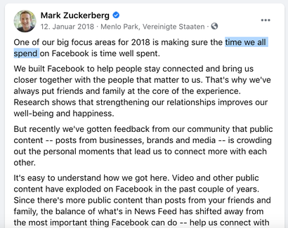 In diesem Post kündigt Mark Zuckerberg an, dass Facebook mehr auf Interaktion optimiert: Reaktionen, Kommentare, Likes und Shares. (Screenshot: t3n)