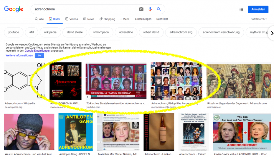 Google Bildersuche zum Begriff „Adrenochrom“. (Screenshot: t3n)