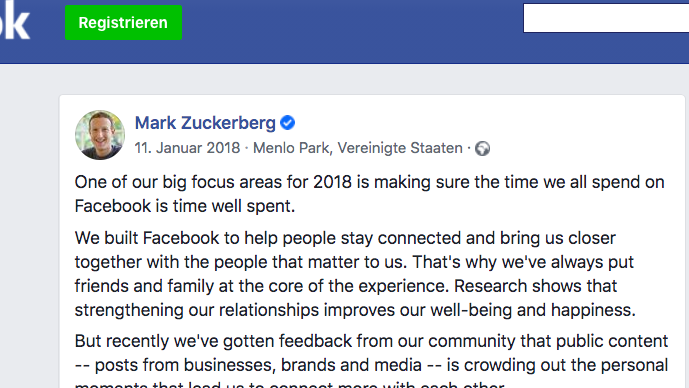 In diesem Post kündigt Mark Zuckerberg im Januar 2018 an, dass Facebook mehr auf Interaktion optimieren will. Seitdem unterstützt der Algorithmus Posts mit besonders vielen Emoji-Reaktionen, Kommentaren, Likes und Shares. Seit dem Algorithmus-Update gehen auf Facebook aber vor allem die Posts viral, die Nutzer wütend machen oder verängstigen. (Screenshot: t3n)