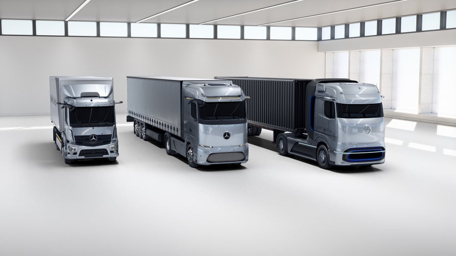 E- und Brennstoffzellen Lkw von Daimler Trucks: E-Actros, E-Actros Longhaul und Gen-H2. (Foto: Daimler Trucks) Gen-H2: Daimler Trucks zeigt Brennstoffzellen-Lkw mit 1.000 Kilometern Reichweite