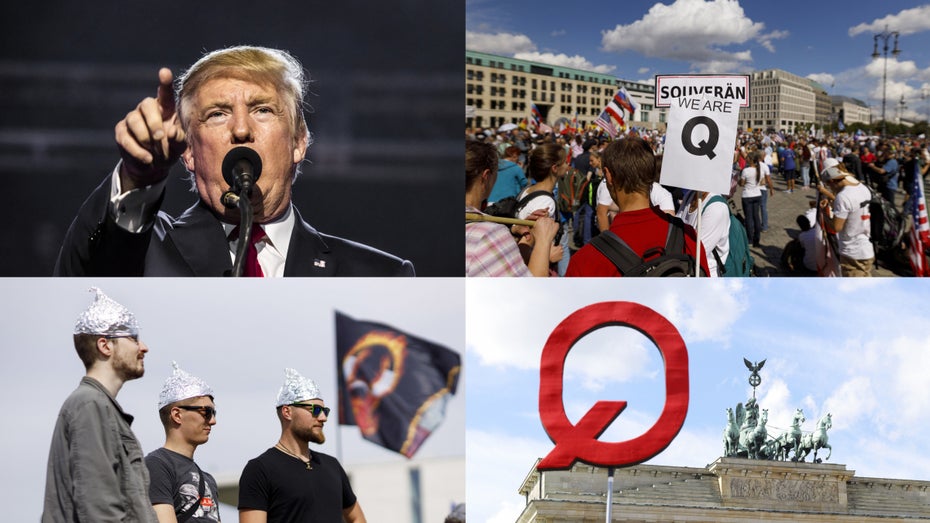Q-Anhänger glauben an Donald Trump – und an eine angebliche Verschwörung in Hollywood, Washington und Berlin. (Grafik mit dpa) QAnon: Warum Menschen an die bizarre Verschwörungstheorie glauben