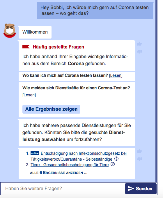 Corona-Chatbot Bobbi von Berlin.de. (Screenshot: Privat)