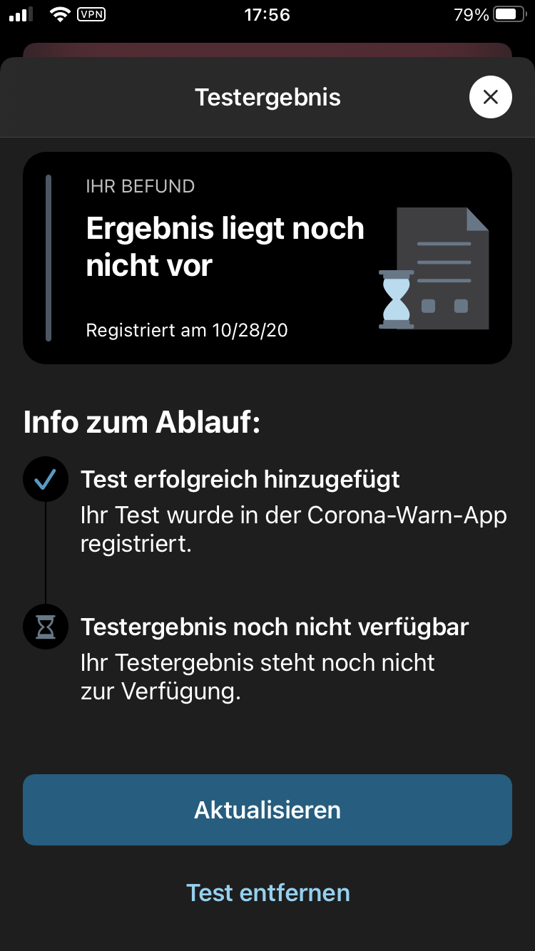 Die Corona-App weiß, dass ich einen Test gemacht habe – bisher wurde aber noch kein Ergebnis eingescannt. (Screenshot: privat) 