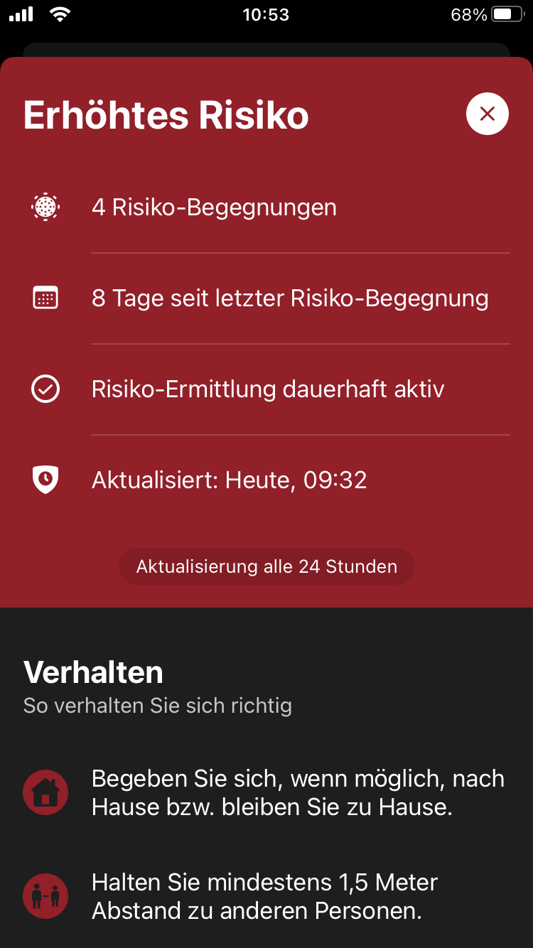 Vier Risiko-Begegnungen - meine Corona-Warn-App ist auf rot gesprungen. (Foto: privat)