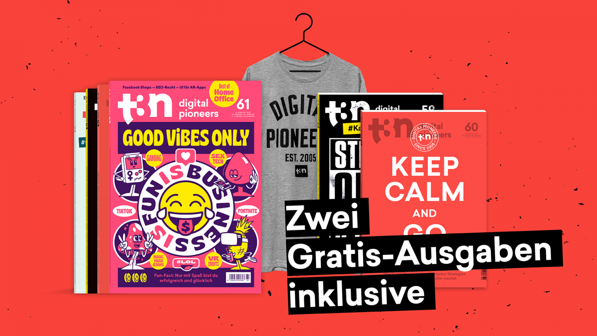 6 Hefte zum Preis von 4: Jetzt t3n Abo sichern und Extra-Lesestoff abgreifen! 6 Hefte zum Preis von 4: Jetzt t3n Abo sichern und Extra-Lesestoff abgreifen!