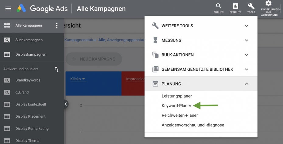 Google Keyword Planner im Menü des Ads-Kontos