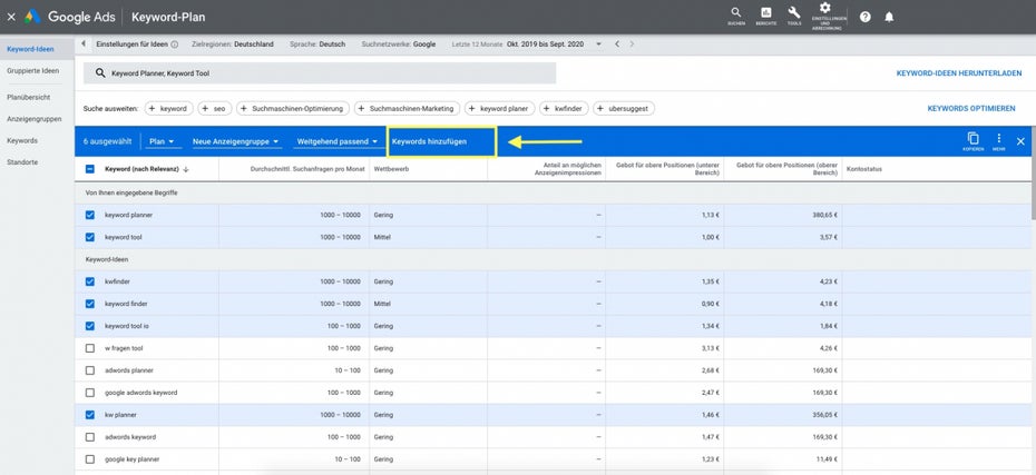 Google Keyword Planner Keywords hinzufügen