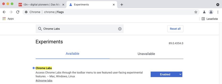 Über sie Suche gelangt man zu dem neuen Toolbar-Menü namens „Chrome Labs“. (Screenshot Google/ t3n)