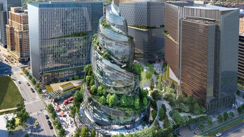 Das neue Hauptquartier von Amazon in Arlington.(Bild: Amazon) Amazons HQ2 in Arlington wird eine riesige Glasspirale – so soll das Gebäude aussehen