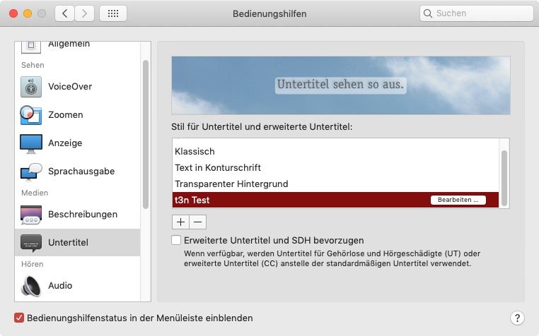 MacOS Untertitel Einstellungen Bedienungshilfen