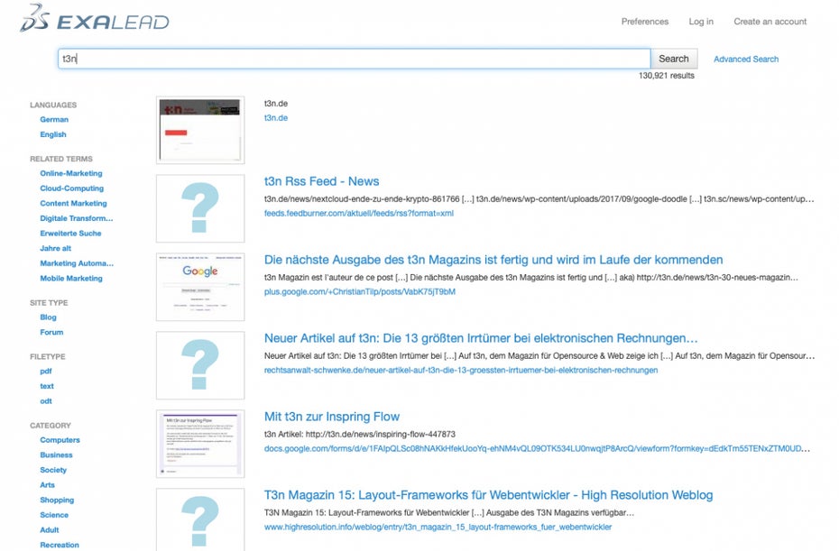 Die Google-Alternative Exalead stammt aus Frankreich. (Screenshot: Exalead/t3n)