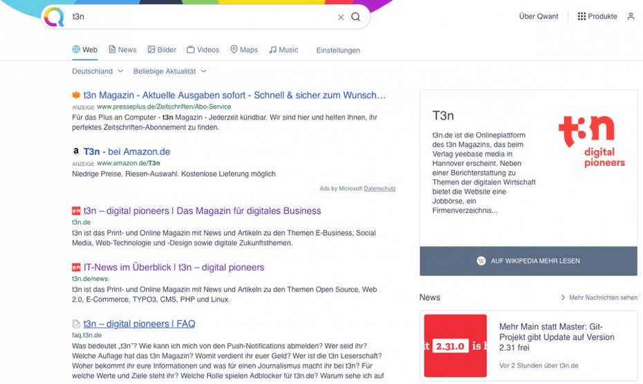 Alternative zu Google: Die französische Suchmaschine Qwant. (Screenshot: Qwant/t3n)