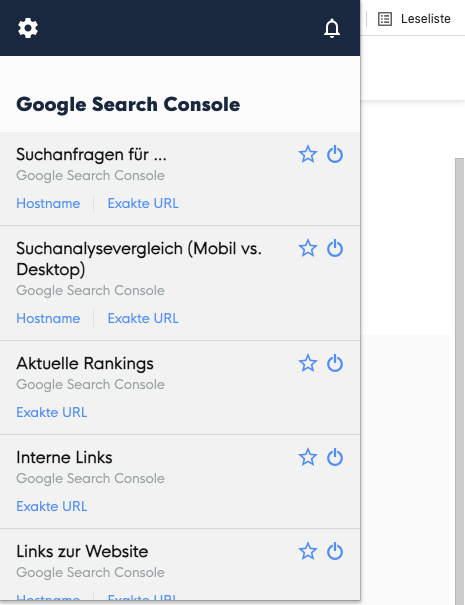 Das SEO-Dashboard für Google Chrome in der Anwendung.