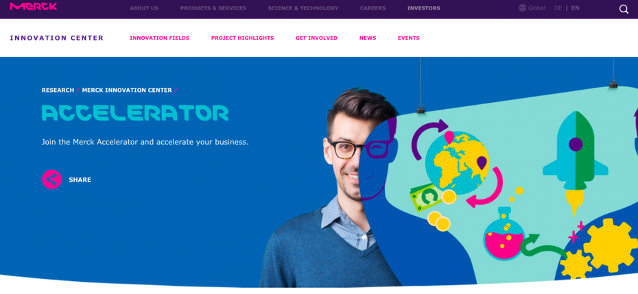 Für Startups mit Urknall-Potential: Merck fördert Ideen mit einem Accelerator (Screenshot: t3n).