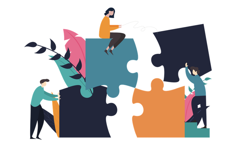 Eine symbolische Illustration, die die abteilungsübergreifende Zusammenarbeit dank eines CRM-Systems wiedergeben soll