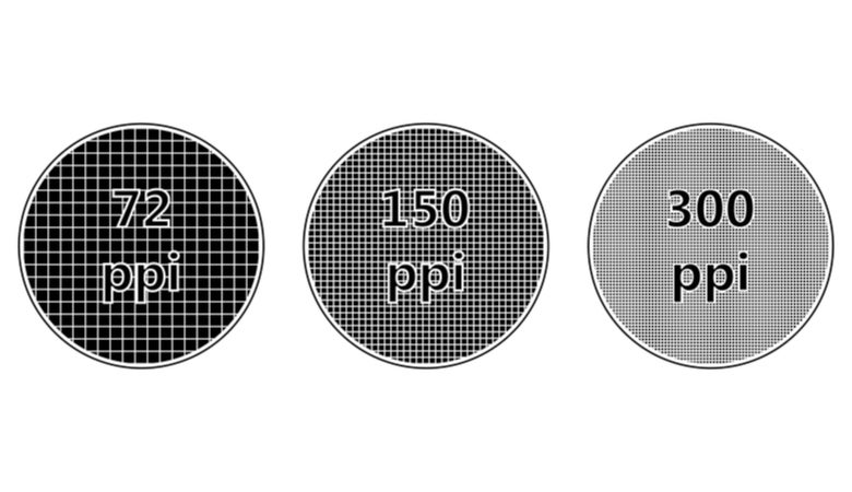 Das Bild zeigt den Unterschied zwischen den Pixeldichten 72 dpi, 150dpi und 300 dpi. Während man bei 72 dpi noch die einzelnen Kacheln genau sehen kann, sind sie bei 300 dpi kaum zu erkennen.