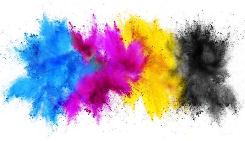 Man sieht die wichtigsten Farben für den Druck: Cyan, Magenta, Gelb und Schwarz.
