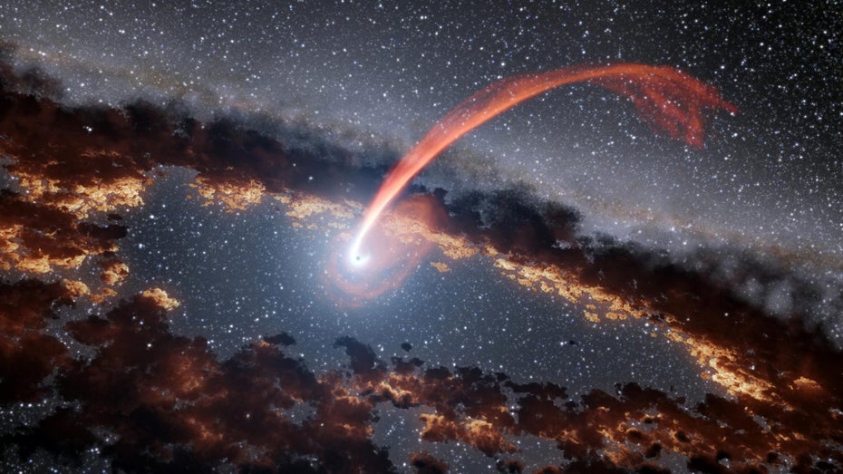 Wenn ein schwarzes Loch einen Stern verschlingt, entsteht eine starker Lichtstrahl, der Hinweise auf die Charakteristika des schwarzen Loches zulässt. (Grafik: Nasa/ JPL Caltech) Das passiert, wenn ein schwarzes Loch einen Stern snackt