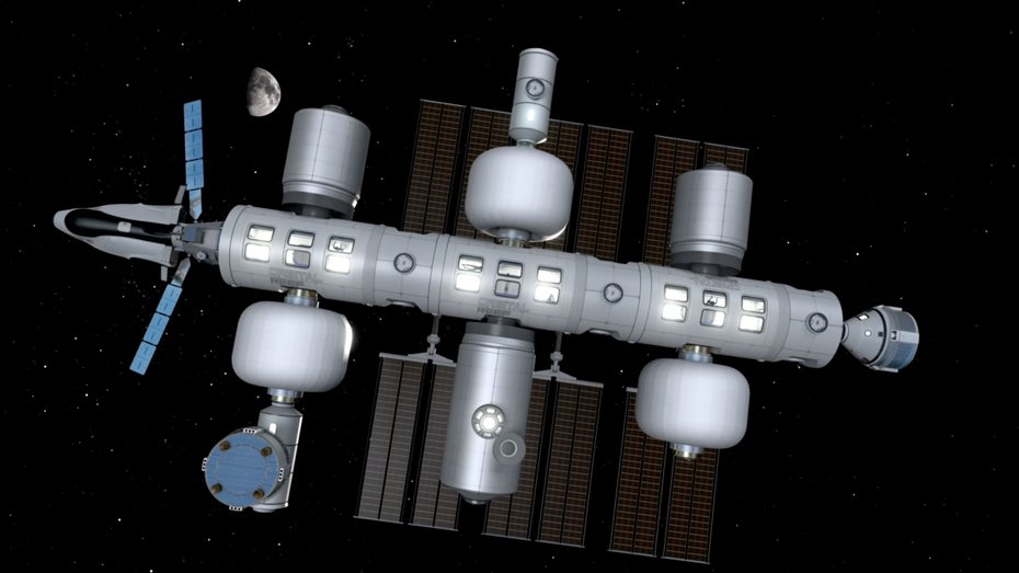 Die neue Raumstation soll just in Betrieb gehen, wenn das Ende der ISS geplant ist. (3D-Modell: Blue Origin) Orbital Reef: Kommerzielle Raumstation von Blue Origin vorgestellt