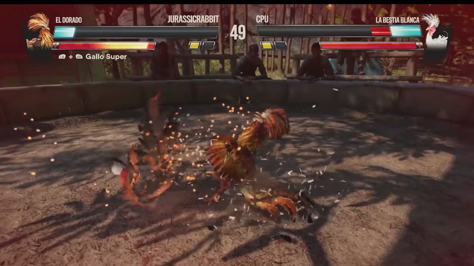 Im Hahnenkampf treten virtuelle Hähne mit Spezialfertigkeiten gegeneinander an. (Screenshot: Ubisoft/ t3n) Far Cry 6: Peta fordert Löschung von Minigame wegen „Grausamkeit“