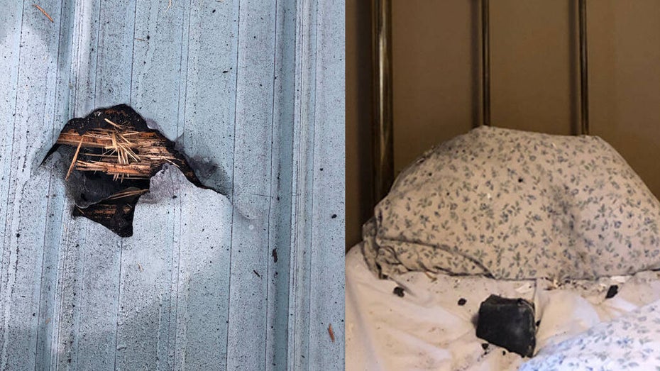 Meteorit schlug durch Dach (links) und landete im Bett (rechts). (Fotos: Ruth Hamilton, via vicnews.com) Meteorit kracht durch Hausdach und verfehlt schlafende Kanadierin nur knapp