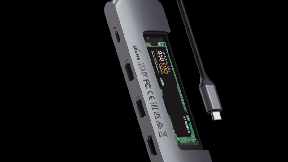 Satechis USB-C-Dongle integriert einen SSD-Slot.(Bild: Satechi) Satechis USB-Dongle hat auch Platz für eine SSD