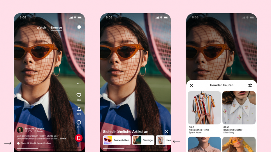 Die „Ähnliche Produkte“-Funktion soll es ermöglichen, direkt zu kaufen, was zu sehen ist. (Bild: Pinterest) Takes, mehr Shopping und exklusiver Content: Pinterest stellt neue Features vor