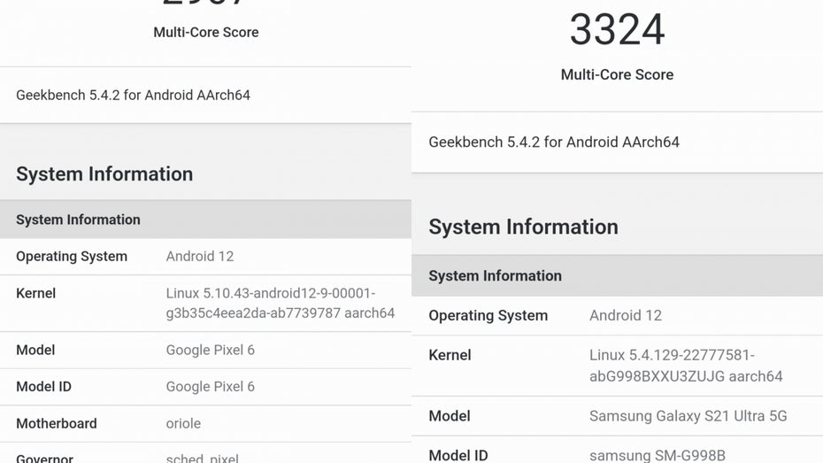 Pixel 6 Po vs Galaxy S21 Ultra im Geekbench-Benchmark. (Screenshots: t3n)