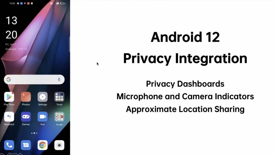 ColorOS 12 erhält unter anderem Googles Android-12-Privatsphäre-Features. (Bild: Oppo)