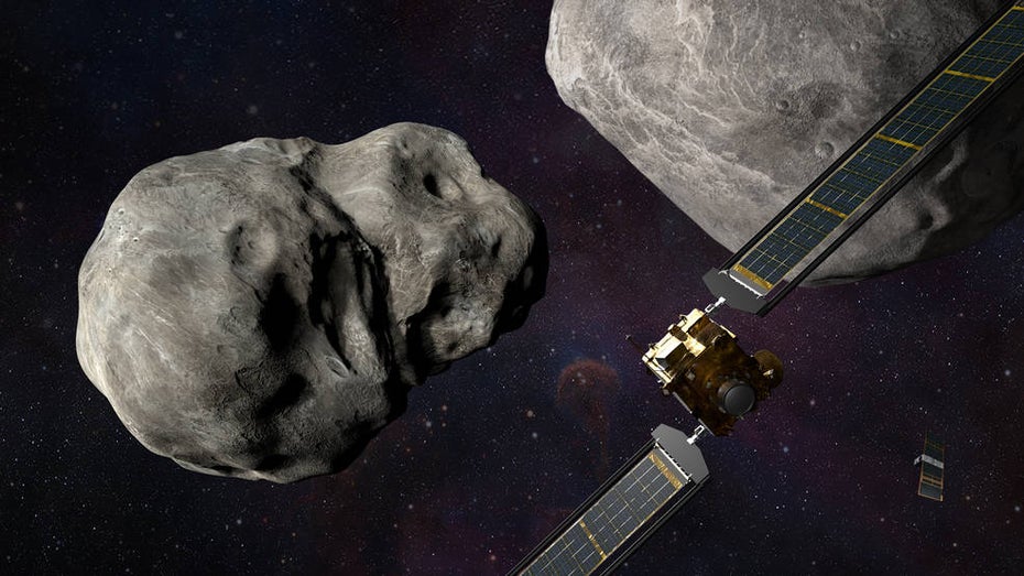 Die Nasa schickt eine Sonde auf eine ballistische Bahn zu einem Asteroiden. Das soll ihn vom Kurs abbringen. (Illustration: Nasa) Dart: So schaut ihr bei der Asteroidenabwehr der Nasa zu