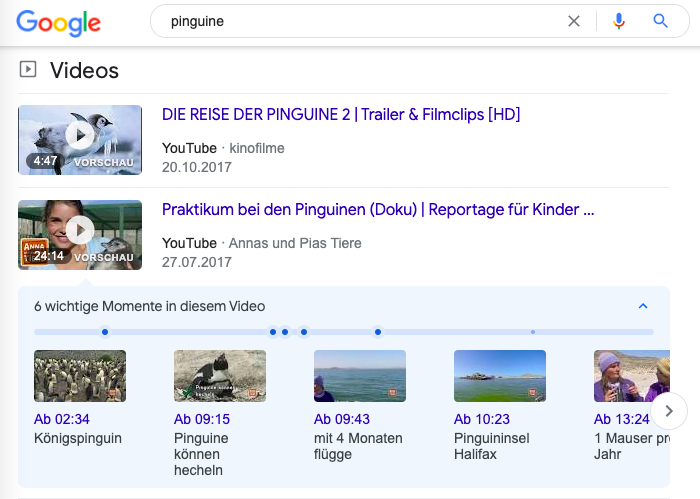 Videos, die in der Google-Suche zu "Pinguin angezeigt werden.