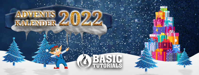 Grafik mit Geschenken und Tannen und einem Weihnachtselfen von Basic Tutorials