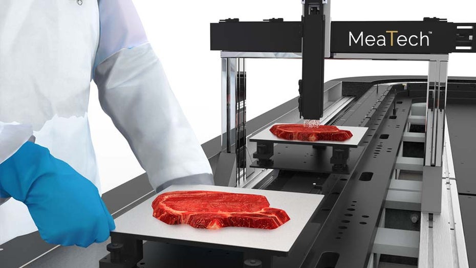 Mit rund 100 Gramm ist das Steak nicht gerade üppig ausgefallen.(Bild: Meatech) Mahlzeit! Das größte Rindersteak aus dem 3D-Drucker wiegt 100 Gramm