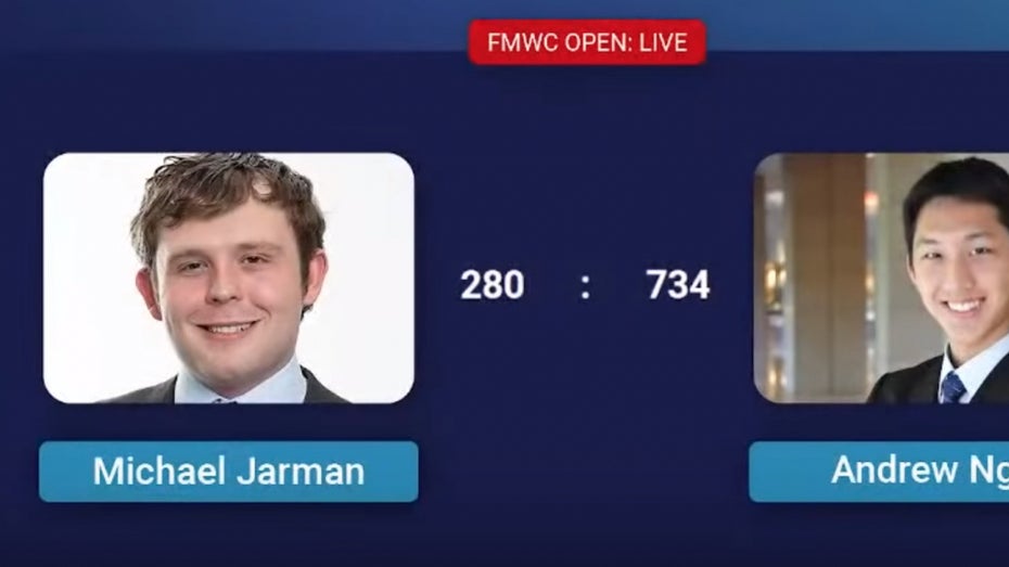 Im Finale der Excel-Meisterschaften verlor Michael Jarmann gegen den Australier Andrew Ngai. (Screenshot FMWC/ t3n) E-Sport für Zahlenschubser: 194.000 Menschen schauten Excel-WM live