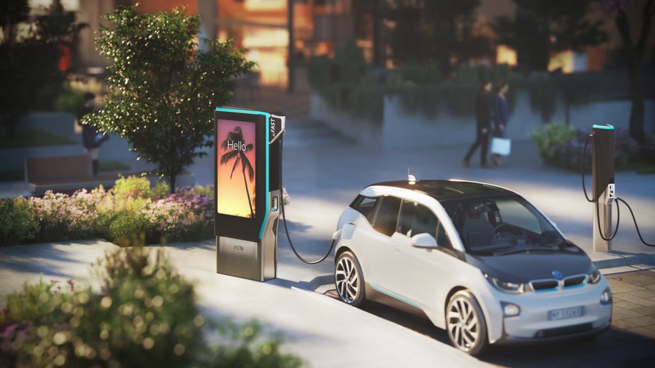 So könnten auch die E-Ladestationen in Europa aussehen – die großen Displays fallen auf. (Foto: Volta Inc.) E-Autos laden, Unternehmen werben: Volta kommt nach Deutschland