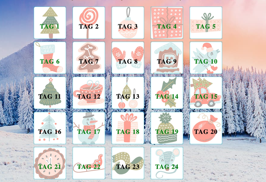 Screenshot der Türchen vom Snapfrog-Adventskalender