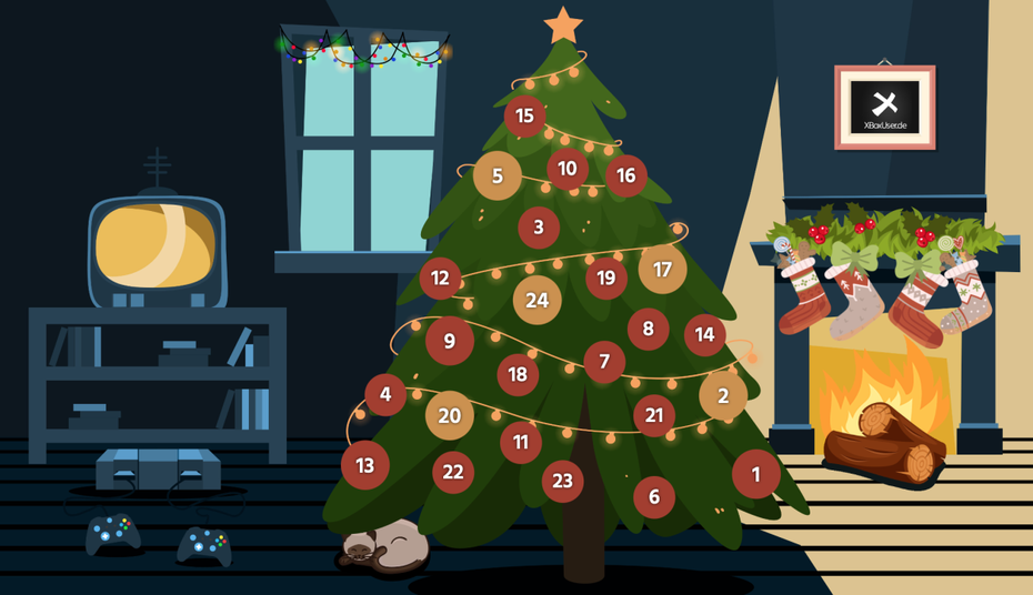 Weihnachtsbaum mit nummerierten Kugeln neben einem Kamin