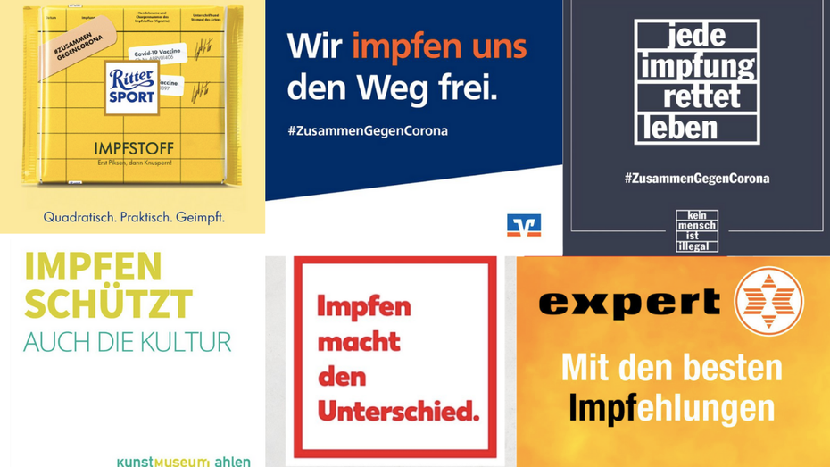 Instagram wird aktuell geflutet von Marken, die zum Impfen aufrufen. (Bild: Kaufland, Expert, Ritter Sport, Kunstmuseum Ahlen, Kein Mensch ist illegal und die Volksbank Gronau-Ahaus auf Instagram) „Come impf and find out“: Über 150 Marken und Organisationen starten Impfkampagne