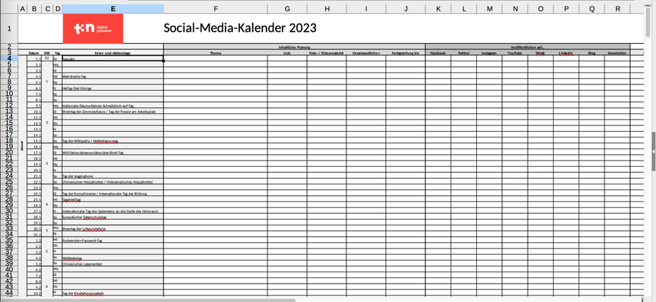 Screenshot des t3n Social-Media-Redaktionskalender für 2023 in Excel