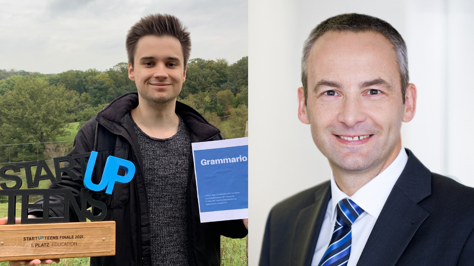 Links: Dominik Klepek, der mit 15 begonnen hat, Grammario zu programmieren. Rechts: Guido Langemann von der IHK Hannover. (Fotos: Dominik Klepek, Guido Langemann) Dominik Klepek mit der Startup-Teens-Trophäe, rechts Guido Langemann