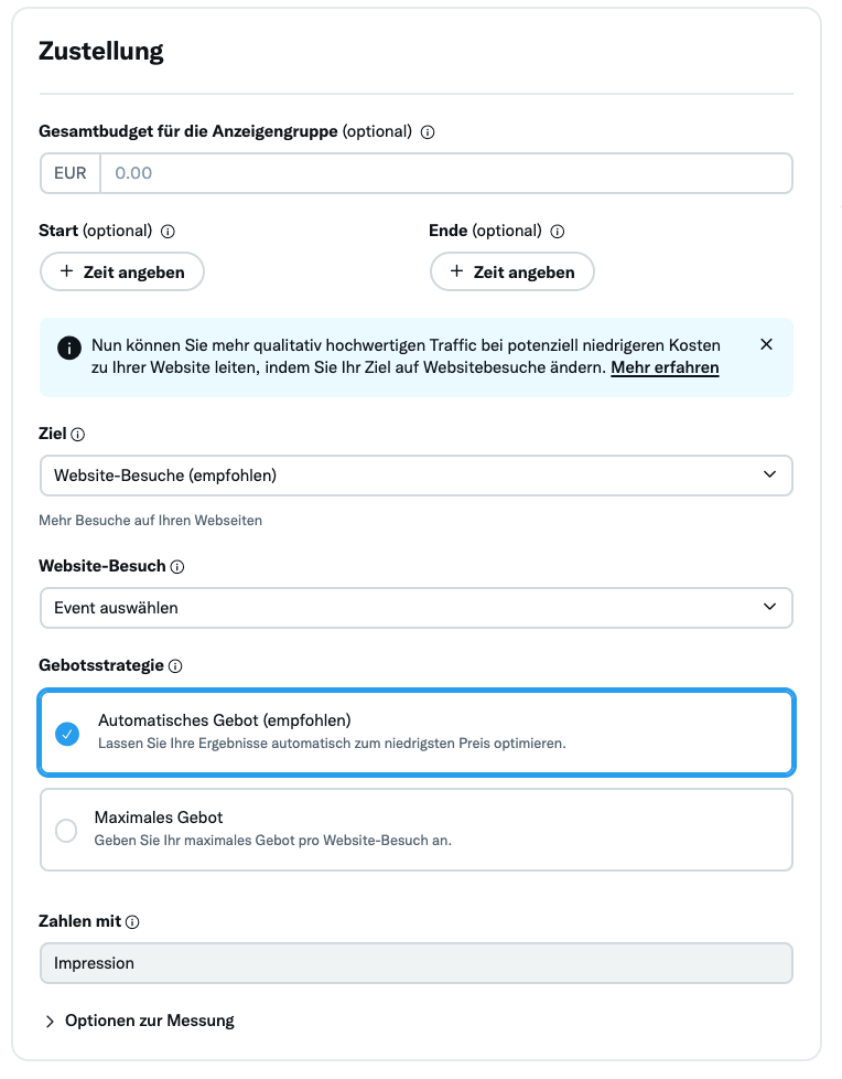 Screenshot des Twitter Ad Managers mit dem Ziel der Webseiten-Besuche