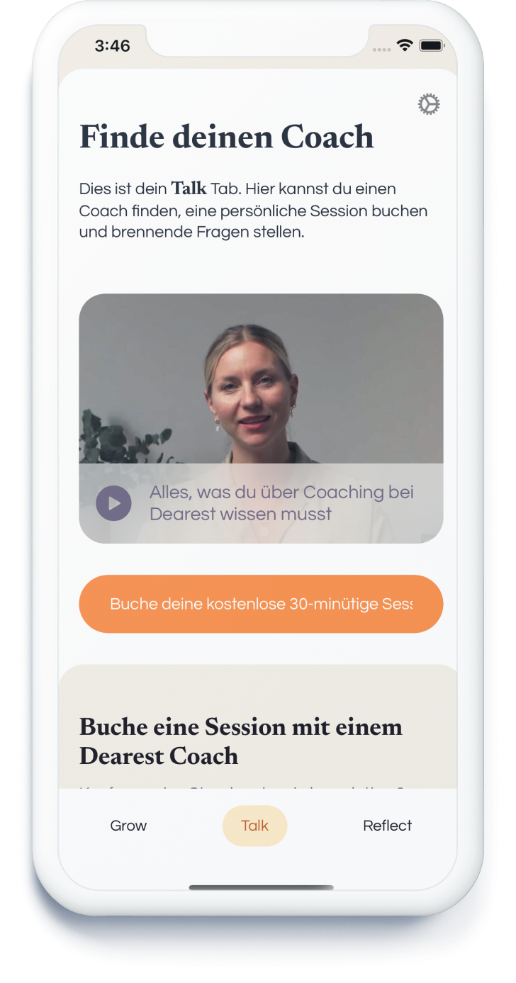 Drei Kategorien stehen einem in der Dearest App zur Verfügung: Grow, Talk und Reflect. (Bild: Dearest)